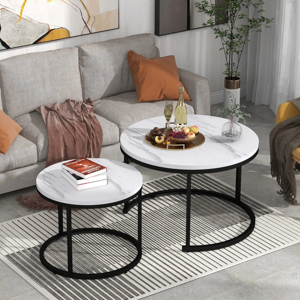 Set di 2 tavolini da caffè rotondi effetto marmo in MDF