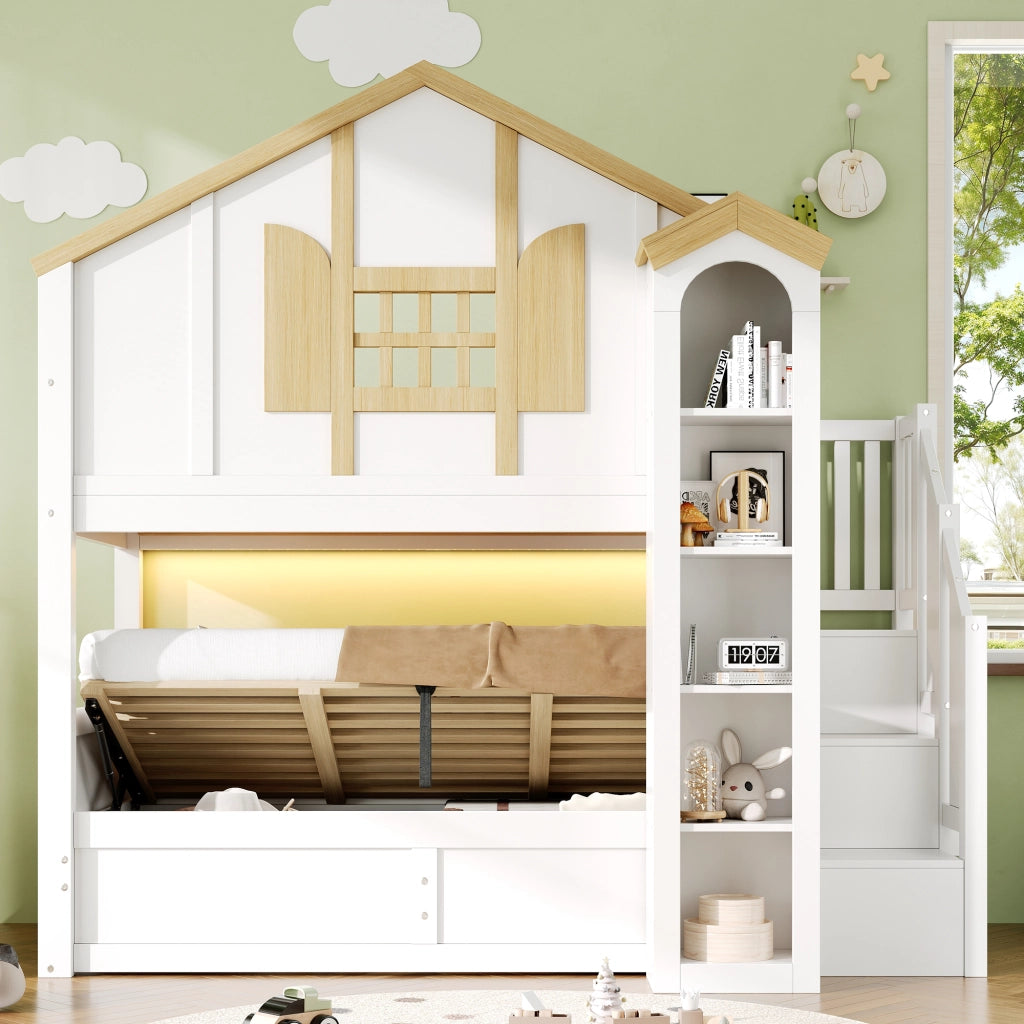 LETTO A CASTELLO 90x200+90x200 cm In legno di pino Bianco con scala contenitore