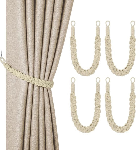 4 Set di Cinture di Tendenute in Cotone - decorativi fermacurti - a maglia a mano - stile boho elegante - per tende in casa e in ufficio (beige)