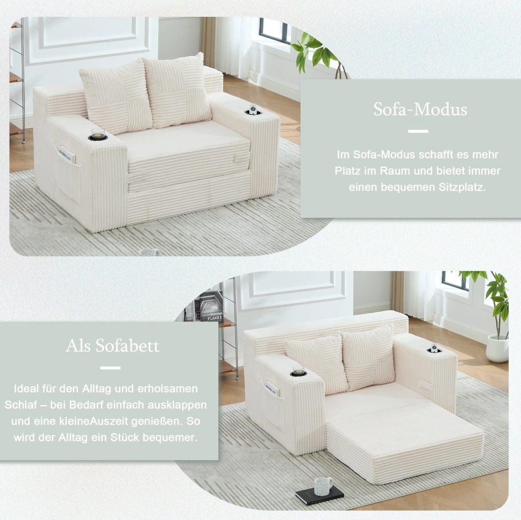 Pouf divano moderno 151x133x64 cm in corduroy beige con tasche laterali e cuscini