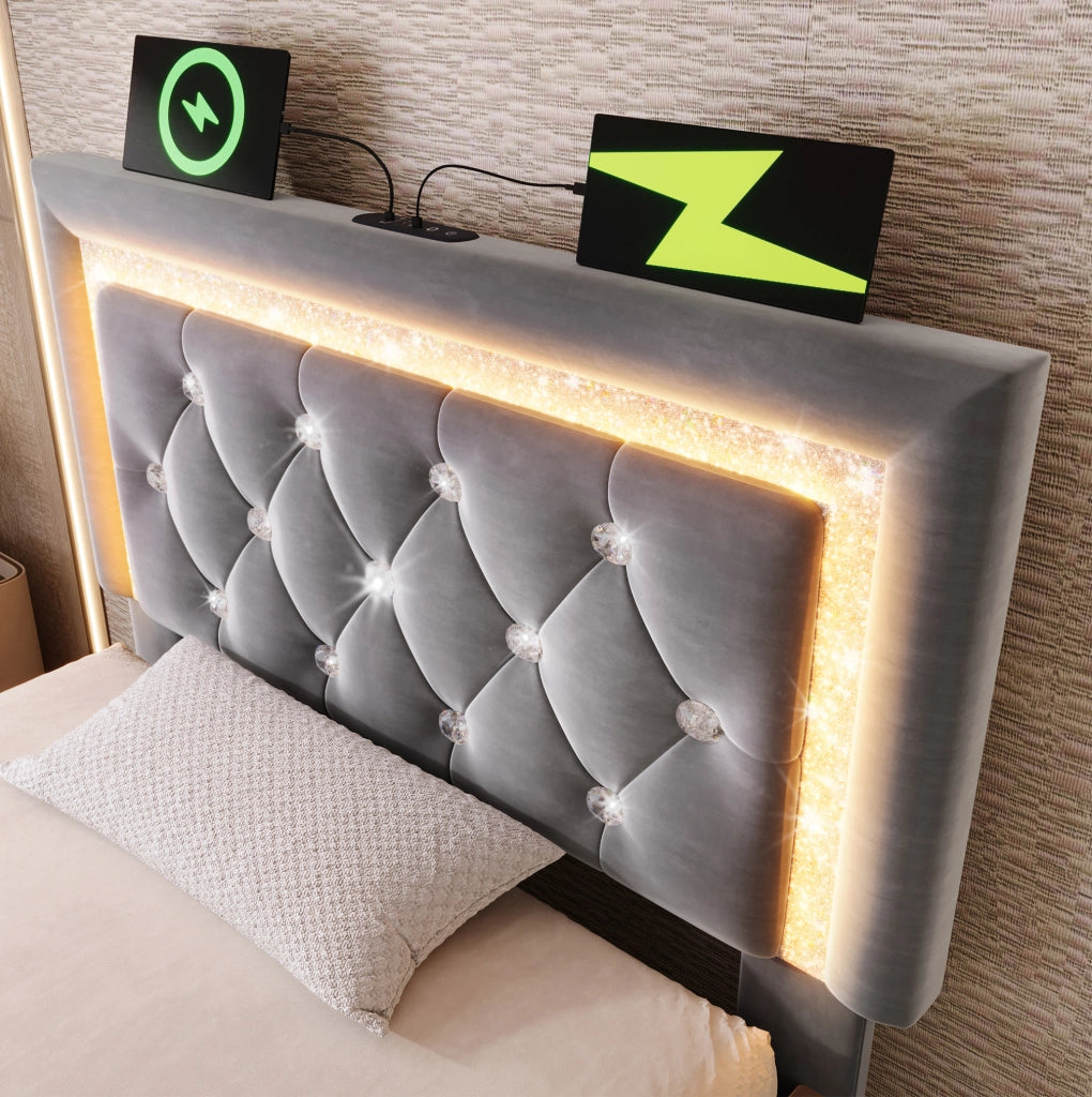 Letto imbottito 90x200 cm in velluto grigio con LED; USB Type-C; contenitore e materasso