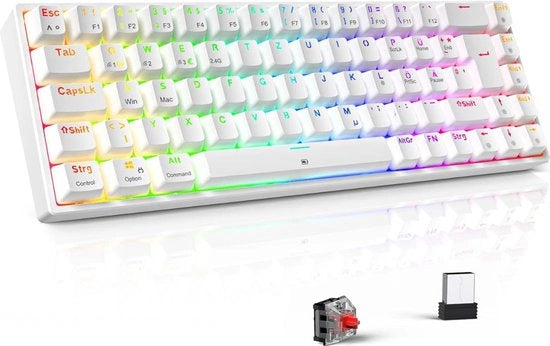 Tastiera da gioco, meccanica wireless, RGB, tastiera illuminata, 65% TKL, ricaricabile, bluetooth, 2,4G, con cavo, 68 tasti, pulsante rosso per PC Windows/Mac/PS4, bianco