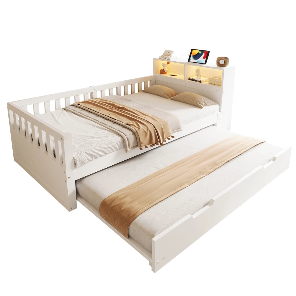 Letto singolo 90×200 cm con letto estraibile; ripiani; LED; USB; Type-C e sponde; senza materasso; bianco