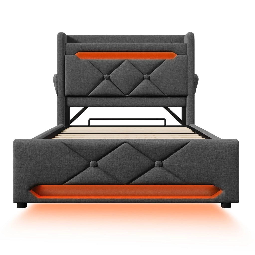Letto singolo contenitore 90x200 cm con LED; USB e USB C; tessuto in lino grigio