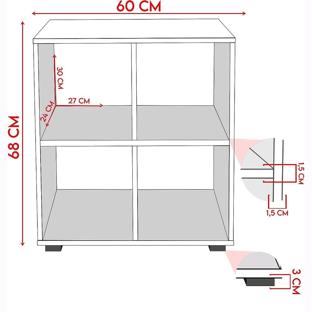 Libreria in legno Bianco nordico 60x24x68H cm Scaffale Mobiletto 4 Ripiani