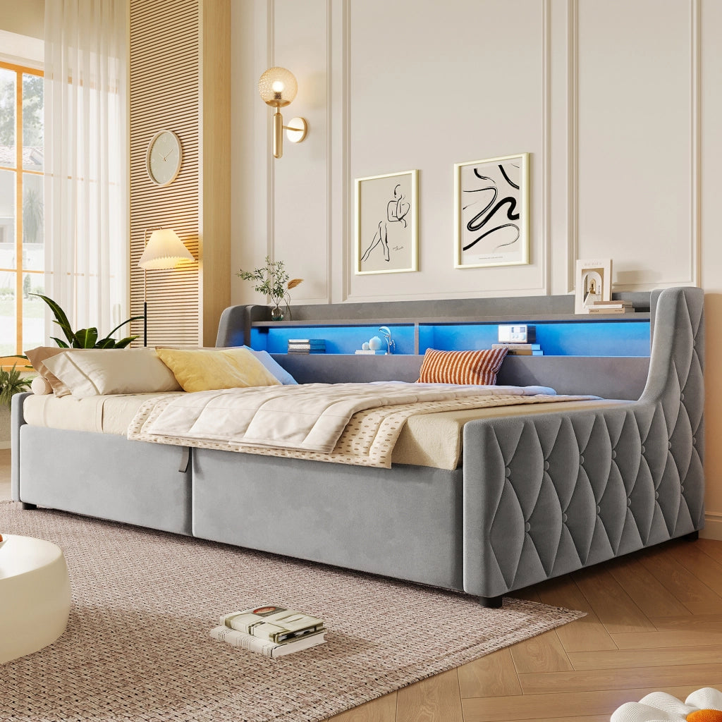 Letto Singolo 90x200 cm con Contenitore; LED; in Flanella; Grigio