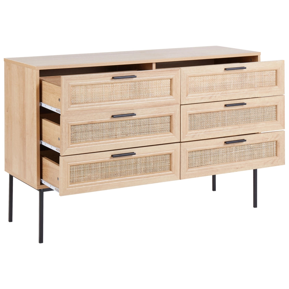 Cassettiera in rattan con 6 cassetti con frontale in vimini legno chiaro stile moderno e classico
