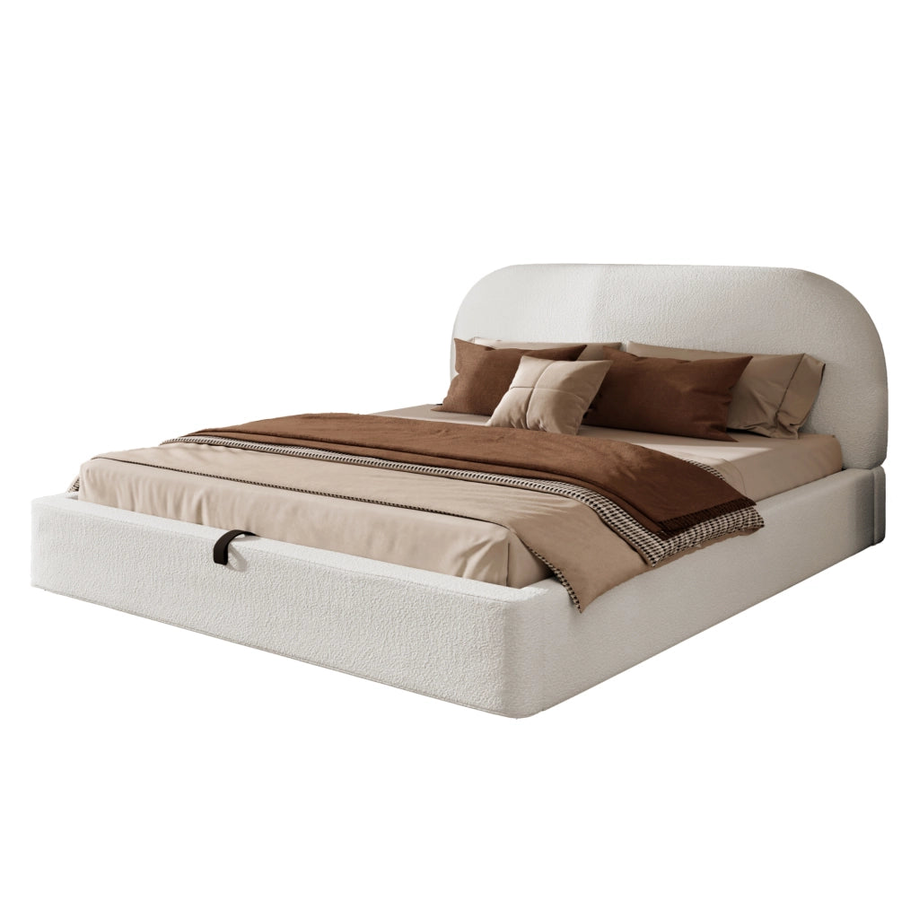 Letto matrimoniale imbottito con contenitore idraulico; testiera imbottita; beige Bouclé