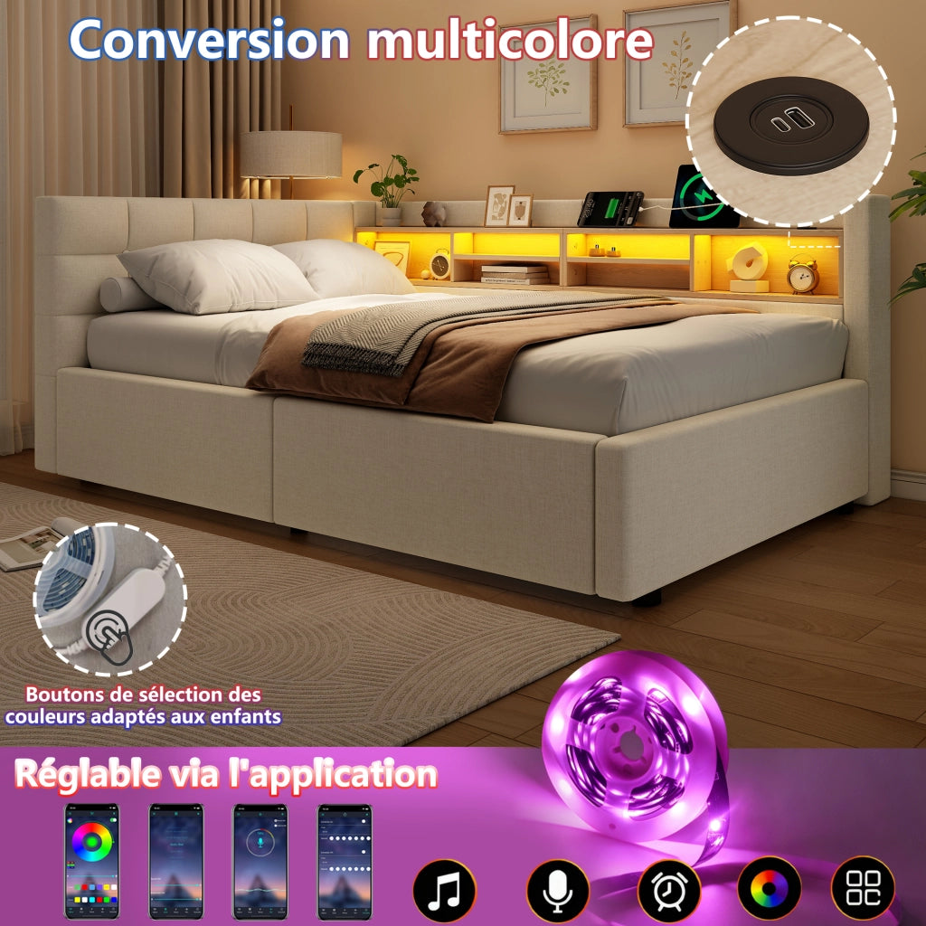 Letto contenitore 90x200 cm con LED dimmerabile; testiera con ripiano e prese USB; rivestimento in lino; beige