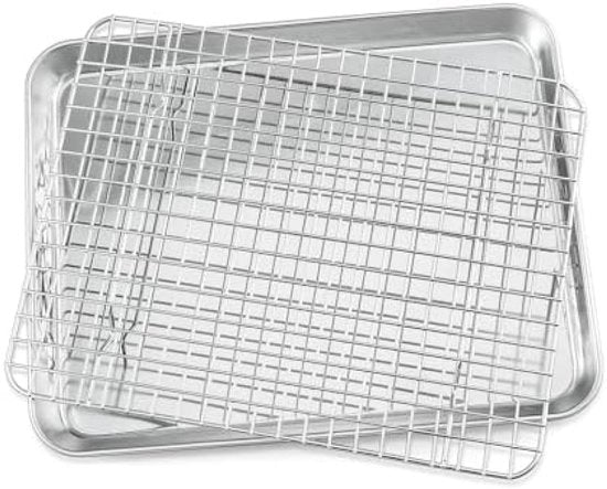 Piatta da forno con griglia di raffreddamento, acciaio inossidabile, grande piatta da forno e griglia per torte, griglia di raffreddamento, 31,6 x 24,5 x 2,5 cm, piatta da forno rettangolare, idonea per lavastoviglie