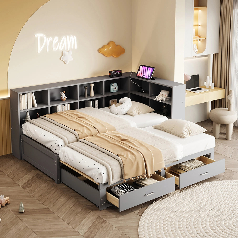 Divano in legno 90/180x190cm - Xylo - grigio, cassetti, doghe, presa EU