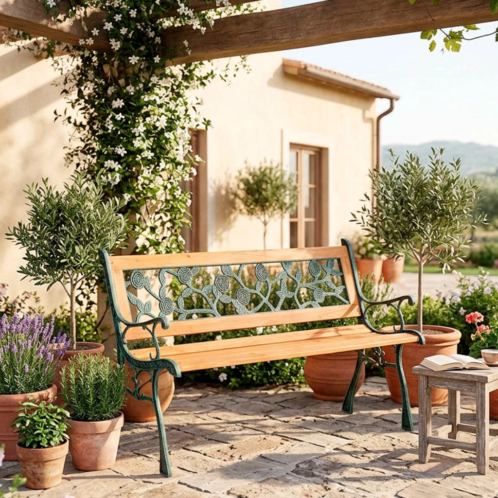Panchina Da Giardino 2 Posti In Legno Design Vintage Con Schienale A Rose Elegante E Resistente Ideale Per Esterni Terrazzo Balcone Arredo Giardino Classico 124 x 52 x 74 Cm