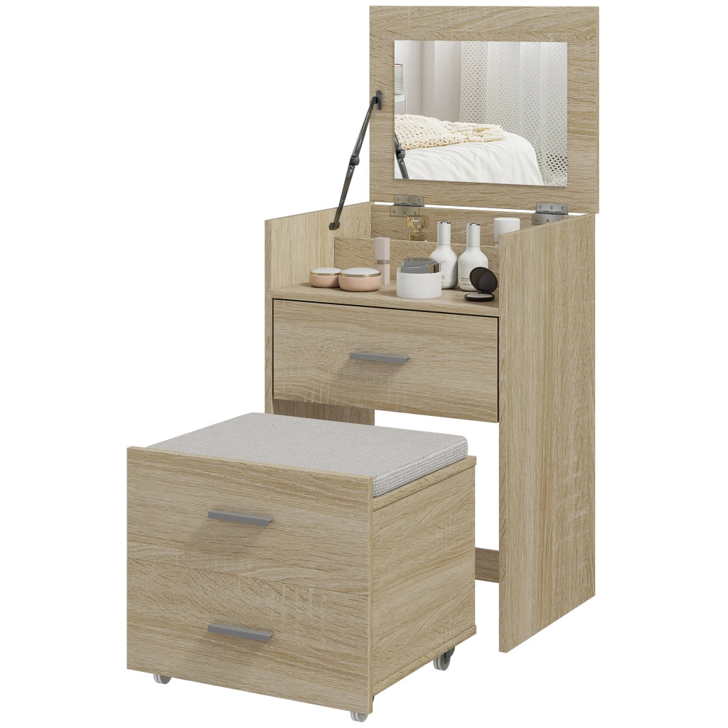 Tavolo da Trucco con Specchio a Ribalta, Cassetti e Sgabello, in Legno e Tessuto Effetto Lino, color Legno