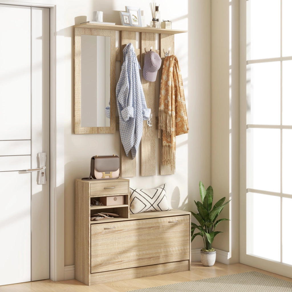 Scarpiera con Appendiabiti e Specchio ¨C zephmum ¨C Legno Quercia 90x10x91 cm