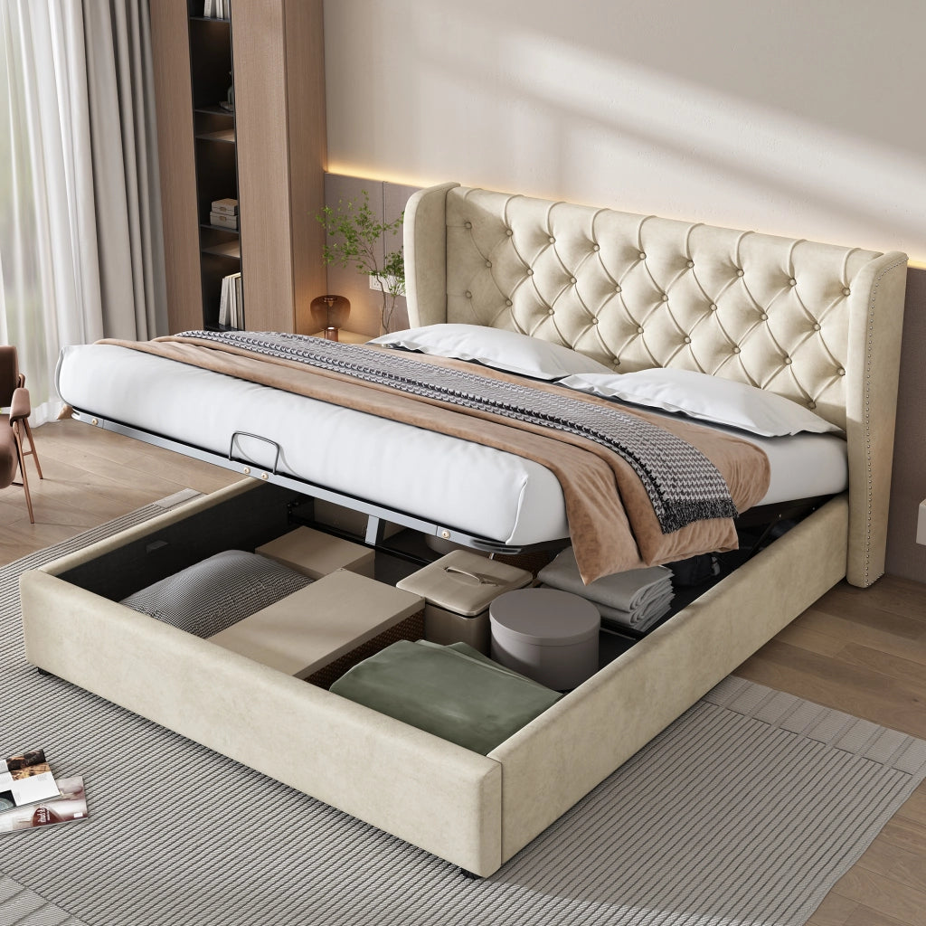 Letti contenitori 180x200 cm; con contenitore idraulico; velluto beige (Senza materasso)