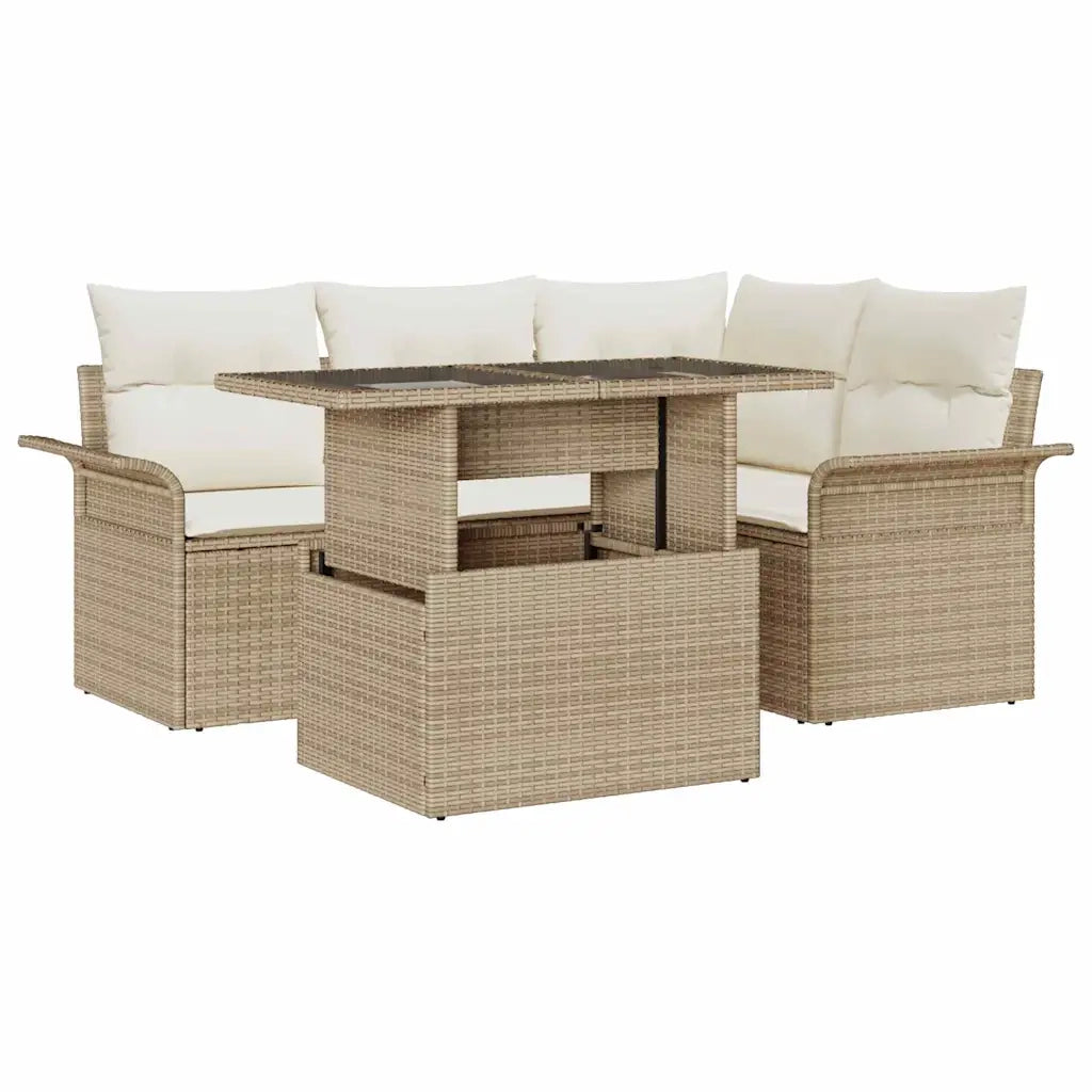 Set Divano da Giardino con cuscino 5 pcs Beige Poly Rattan