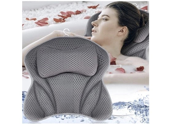 Cuscino per bagno 4D con 6 spazi di fissaggio, antiscivolo, mesh aereazione, cuscino per spa, cuscino per collo, adatto a tutte le vasche da bagno, con supporto per la testa e le spalle.