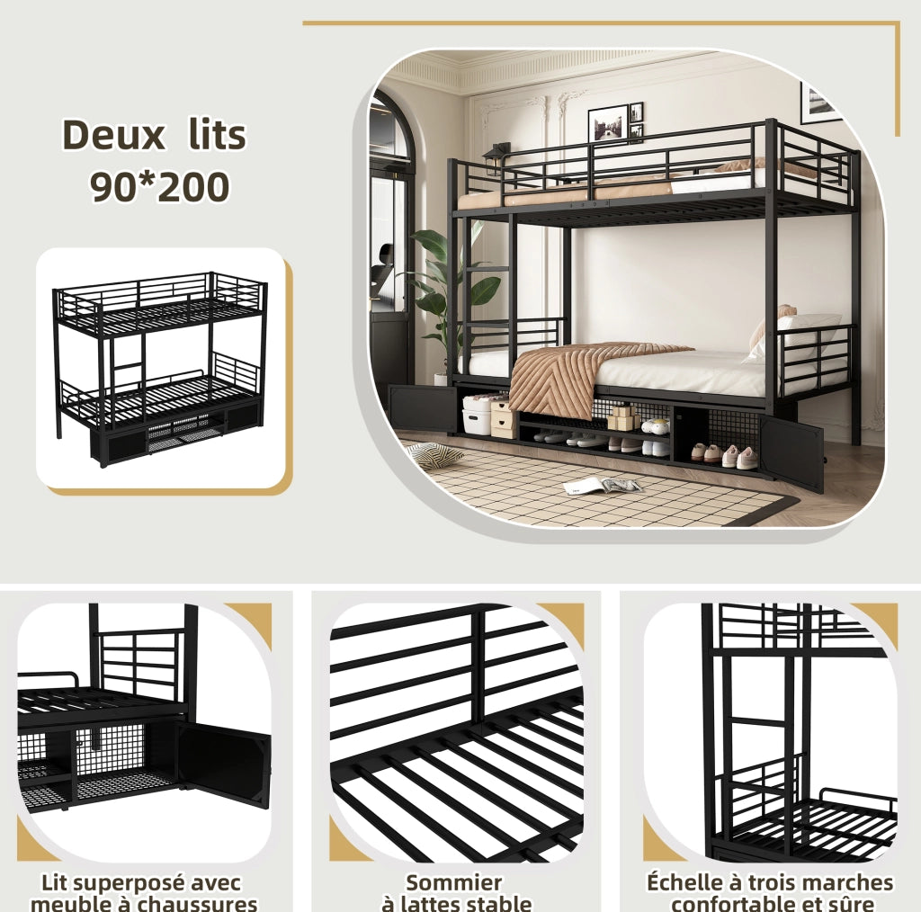 Letto a castello in metallo 90x200 cm con scala; ripiano per scarpe e 2 armadietti nero