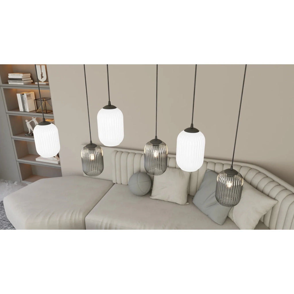 Lampadario 3 Luci Selene Base Tonda Acciaio Nero Vetri Plissettati Bianco E Fumè