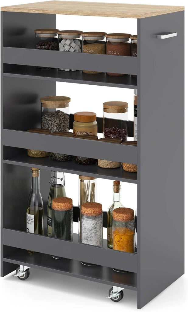 Carrello per Nicchia con Ruote, 4 Livelli，Carrello di Servizio Stretto Salvaspazio, da Bagno, Scaffale da Cucina Sottile 47,5 x 13 x 80,5 cm (Naturale+Grigio, Largo 30 cm)