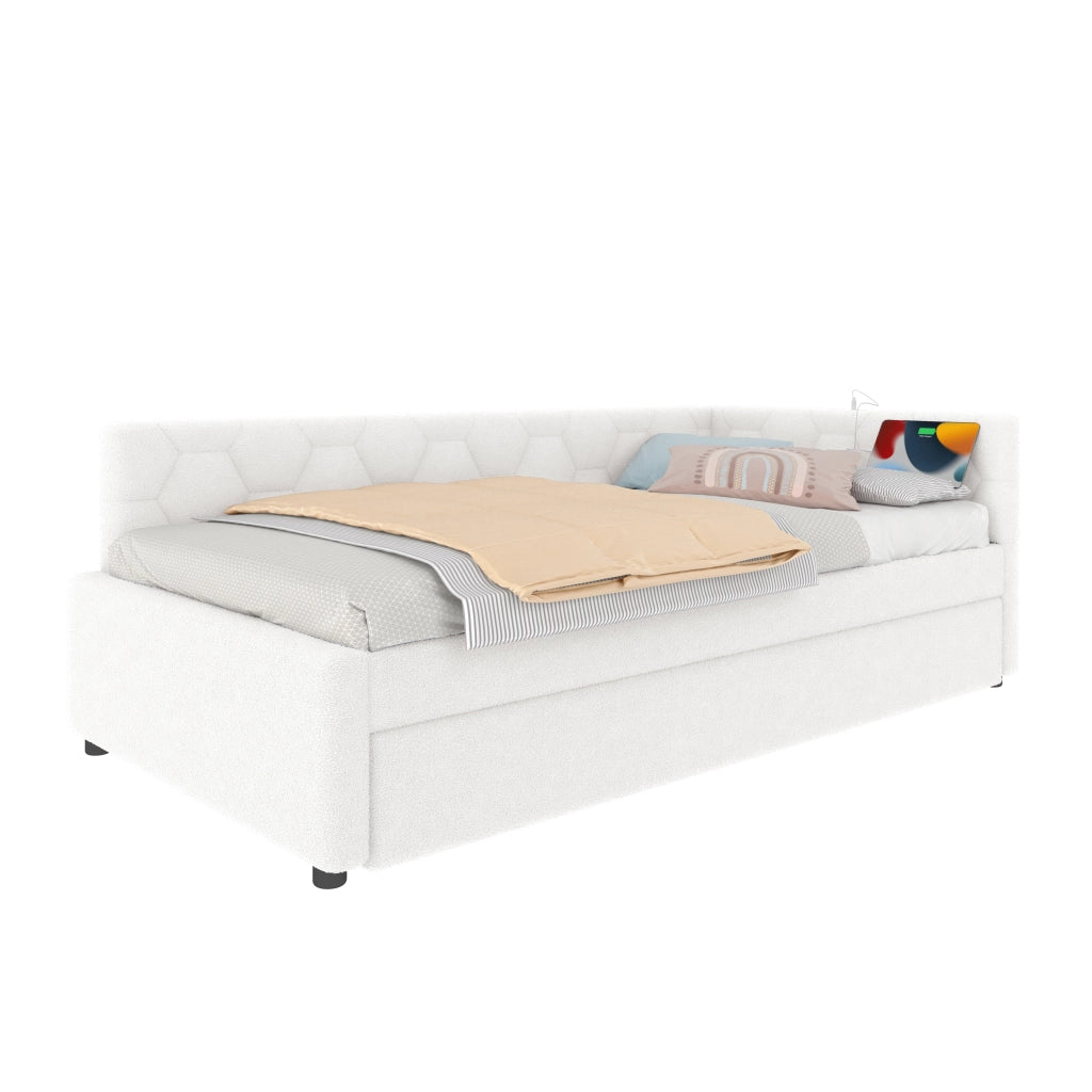 OKWISH Letto a Divano 90×200 cm, Letto Singolo con Letto Estraibile, USB, Tipo C e Lampada, senza Materasso, in Velluto, Bianco