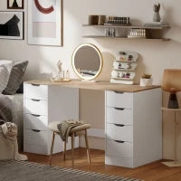 Scrivania con 8 cassetti, salvaspazio e stabile, 140 c, Bianco e Legno naturale