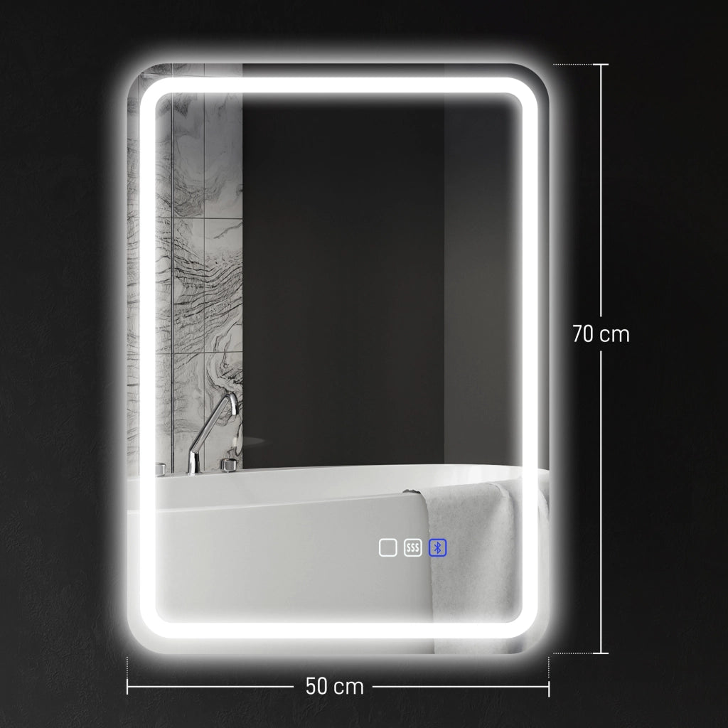 Specchio Bagno LED in Vetro Temperato con Bluetooth 70x50x3.5 cm Luce Regolabile e Touch Design Moderno