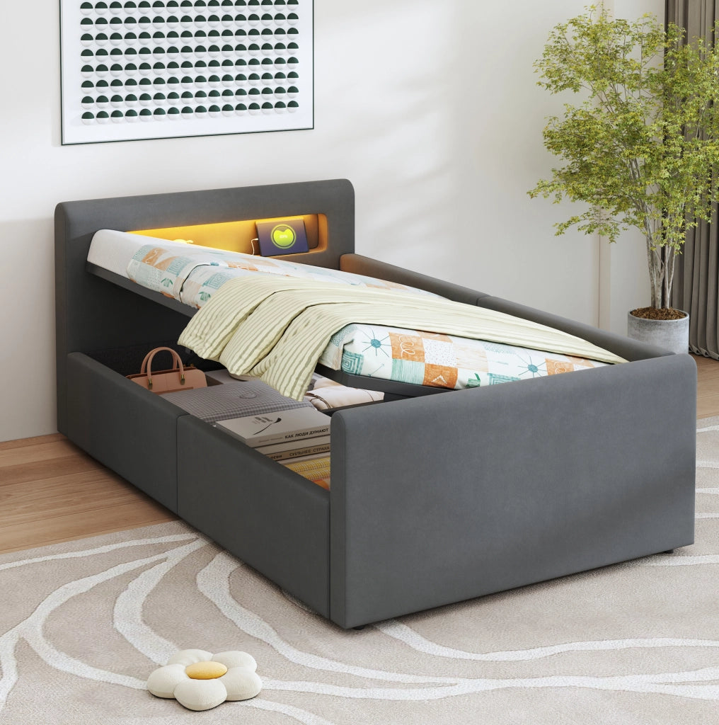 Letto imbottito per bambini 90x200 cm con LED; USB e contenitore idraulico; grigio scuro