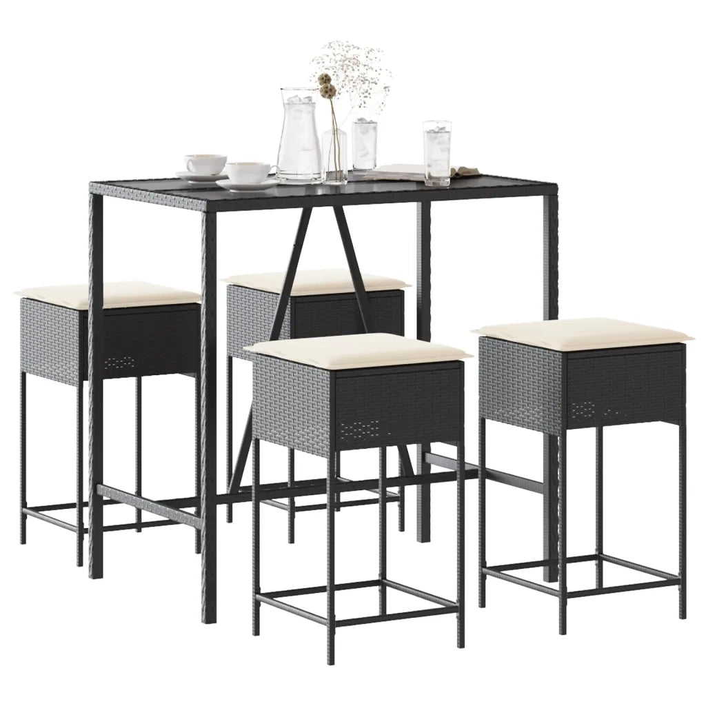 vidaXL Set Bar da Giardino 5 pz con Cuscini in Polyrattan Nero