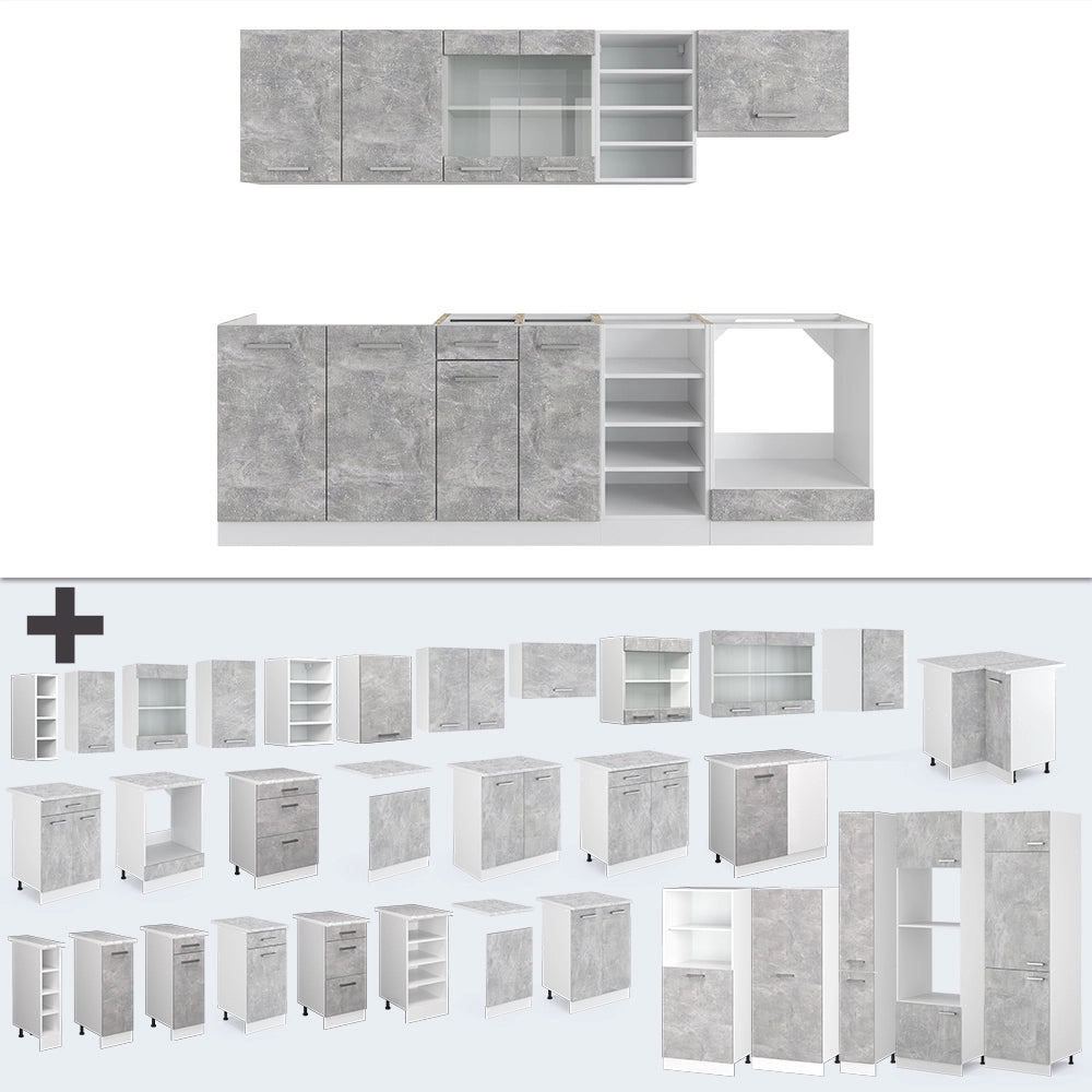 Cucina componibile R-Line Calcestruzzo/Bianco 240 cm senza piano di lavoro Vicco