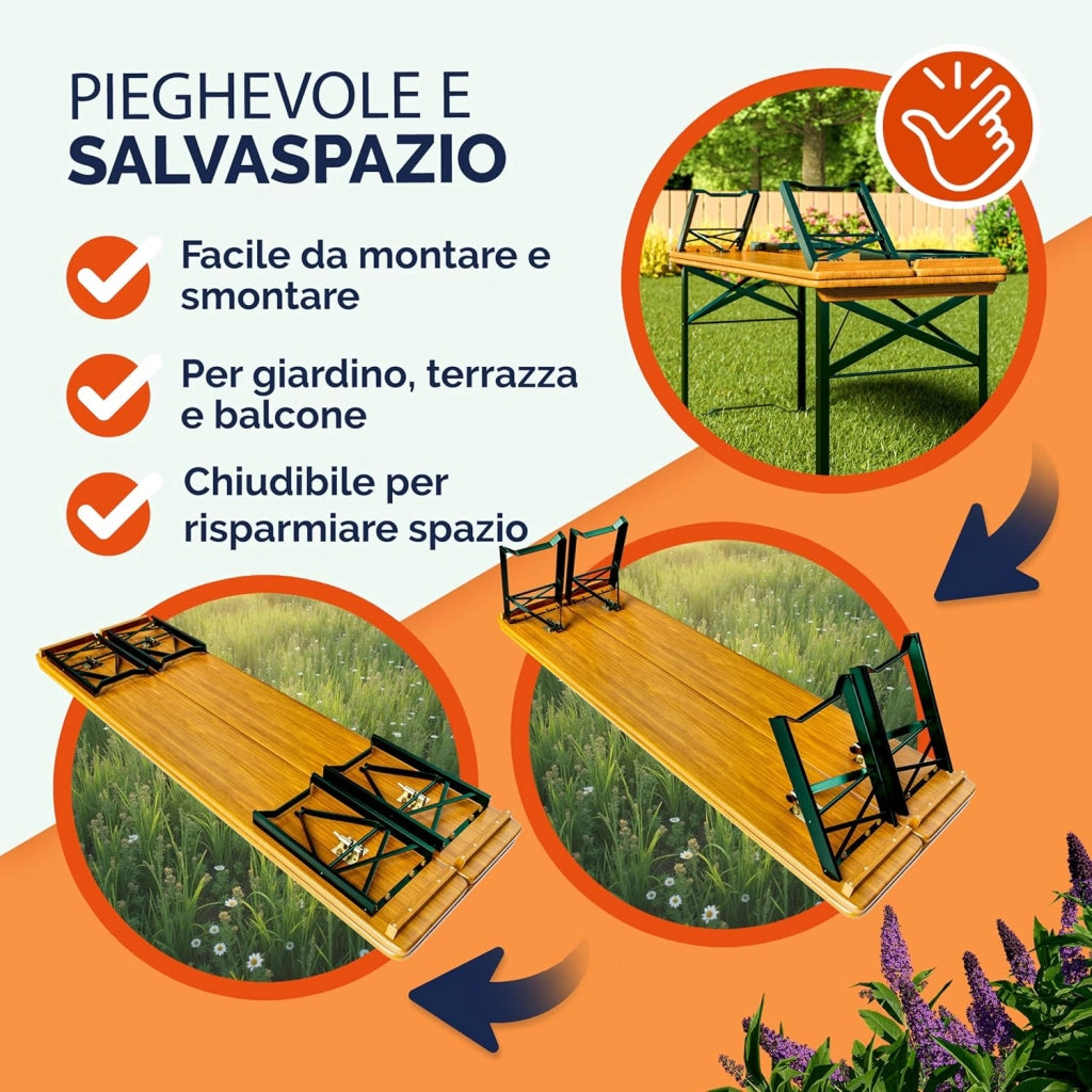 Set da Birreria Pieghevole 170cm Tavolo (170x46x75cm) con Foro Ombrellone 2x Panche in Legno (170x23x46cm) Party Sagra Festa Evento Giardino