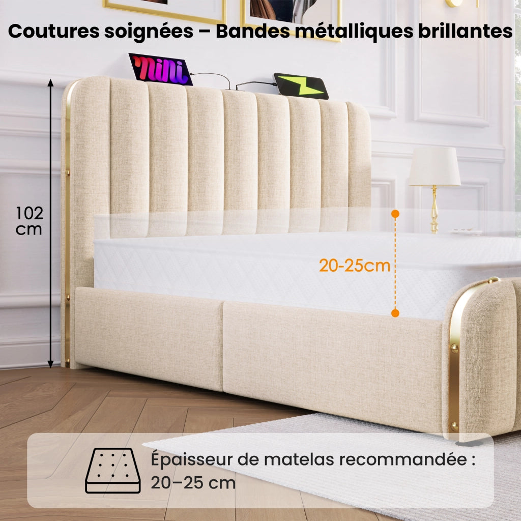 Letto Contenitore Letto Matrimoniale 160 x 200 cm con USB; Type-C e LED regolabile; senza Materasso; Lino Beige