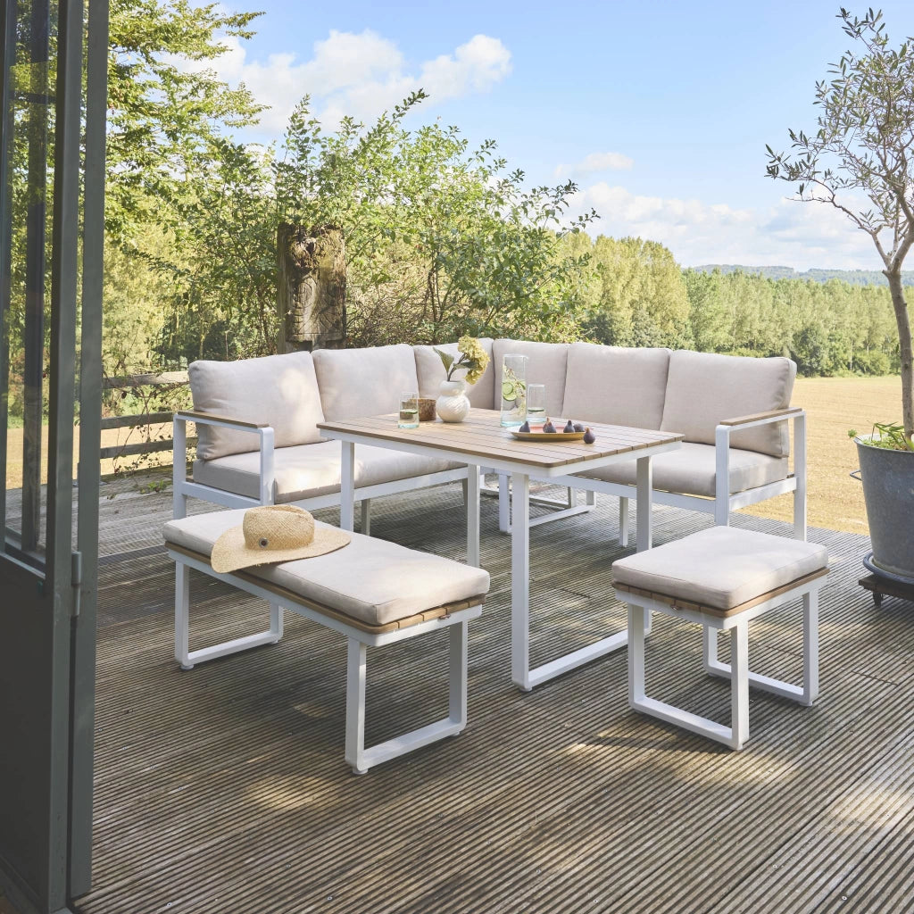 Salotto da giardino in legno di acacia e alluminio, 8 posti, bianco