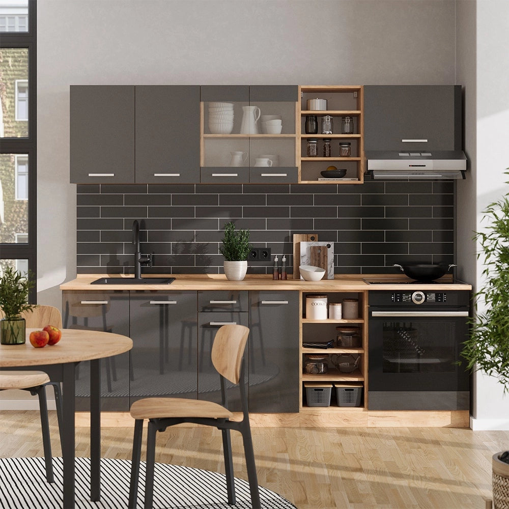 Cucina componibile R-Line Antracite lucido/Rovere dorato 240 cm, PL Rovere Vicco