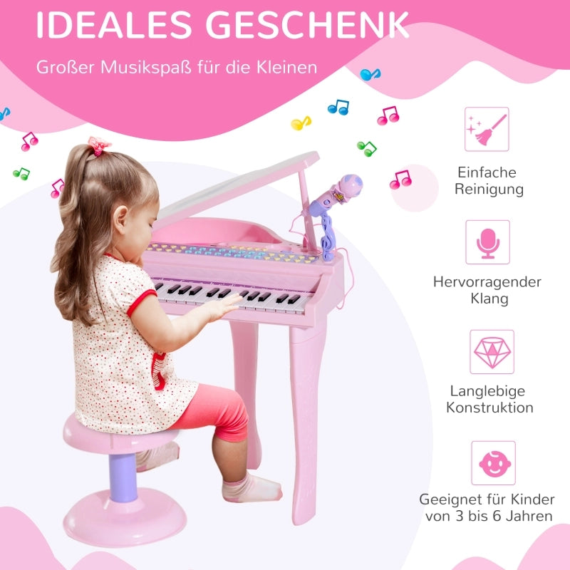 Tastiera per bambini con 37 tasti, sgabello con pianoforte e microfono, modalit¨¤ di apprendimento a LED, funzione di registrazione, strumento