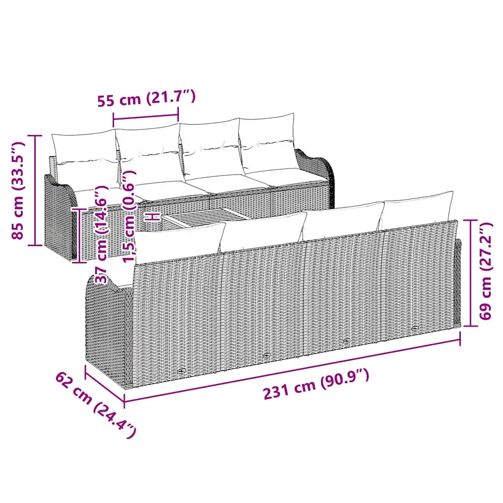 Set Divano da Giardino con cuscino 9 pcs Beige polyrattan 3347427