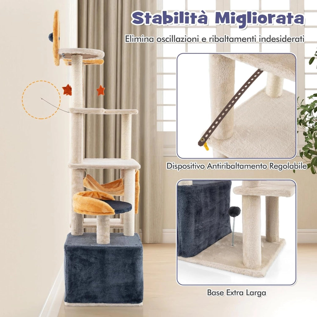 Albero per Gatti da Interno da 160 cm, Albero Tiragraffi con Pali e Tavole da Graffio in Sisal, Condominio, Trespolo in Peluche, Piattaforme, Giocattoli Appesi e Palla a Molla