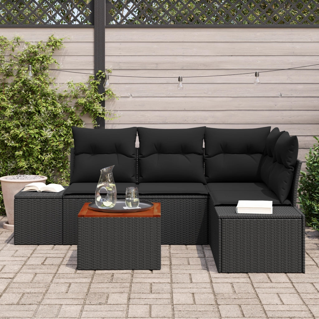 Set di divani da giardino a 5 pezzi con cuscini in rattan nero e acacia