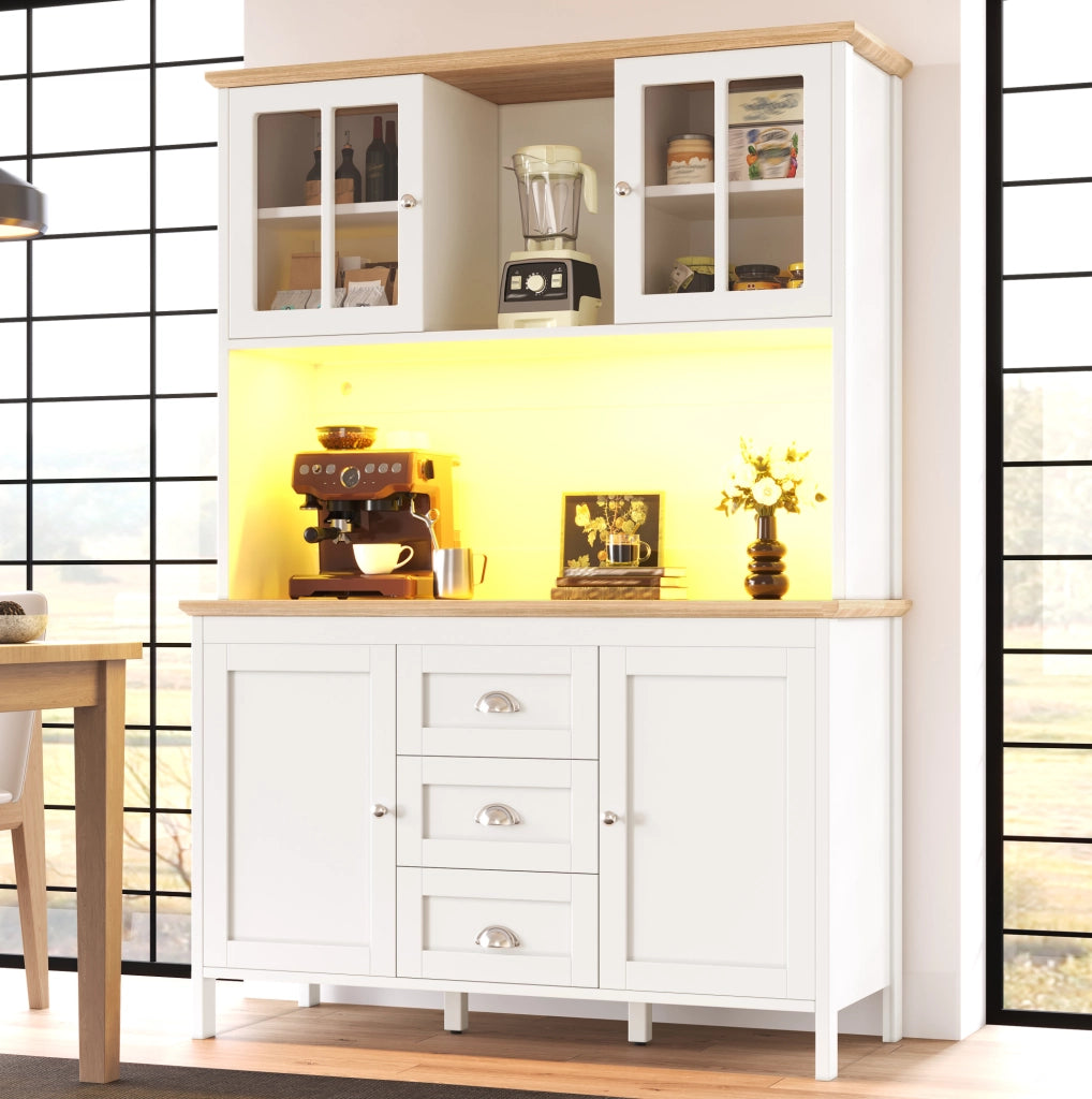 Credenza alta 120x40x179 cm con LED; 4 ante e 3 cassetti in MDF e metallo bianco