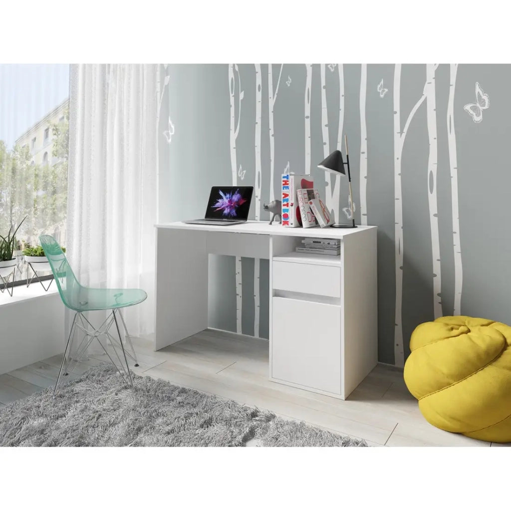 Scrivania BILOU bianca – 1 cassetto, 1 porta e 2 vani – Design pulito e luminoso per camera da bambino