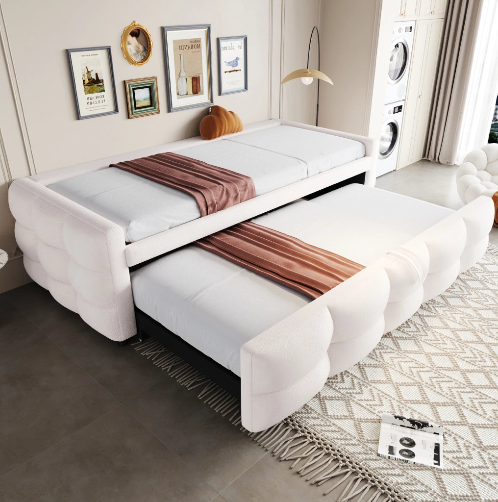 Letto imbottito estraibile 90/180x190 cm in Teddy beige con rete a doghe