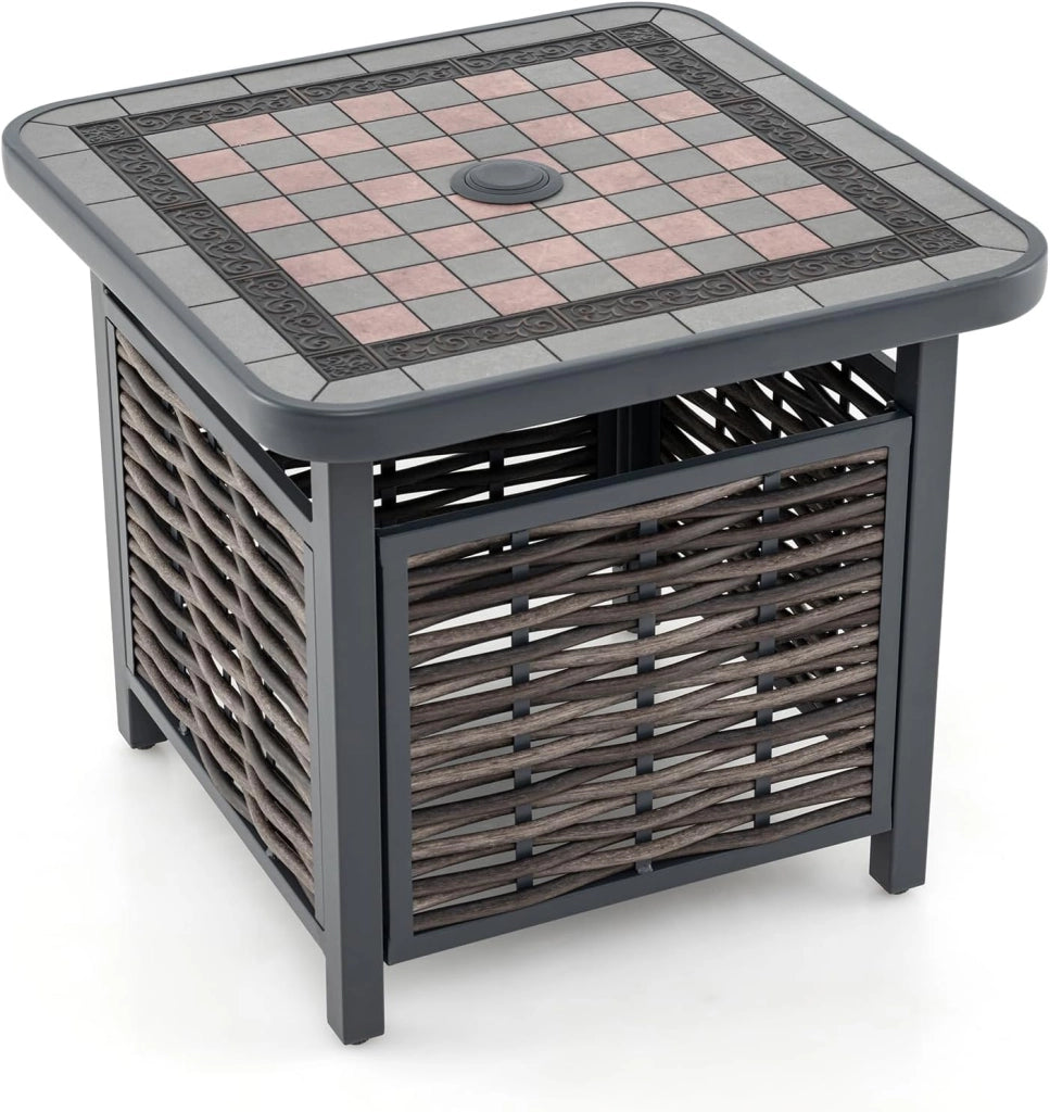 Tavolo da giardino esterno in vimini con foro per ombrellone, tavolino quadrato in rattan PE con piano in resina, telaio in metallo, tavolo da pranzo per giardino, cortile, terrazza