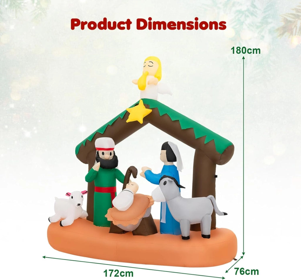 Decoration Noel, Presepe di Natale Natività, gonfiabile, 172 x 76 x 180 cm, con 7 luci LED lucide, soffiatore incorporato, decorazione natalizia per esterni e interni per giardino, cortile