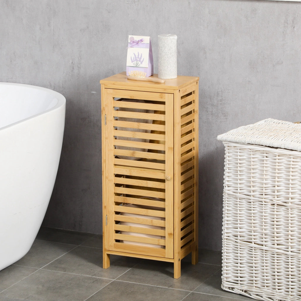 Armadietto Bagno con Ante Lamellate, Ripiano Regolabile, Bamb¨´ Naturale ¨C zephmum ¨C 30x19,9x70 cm