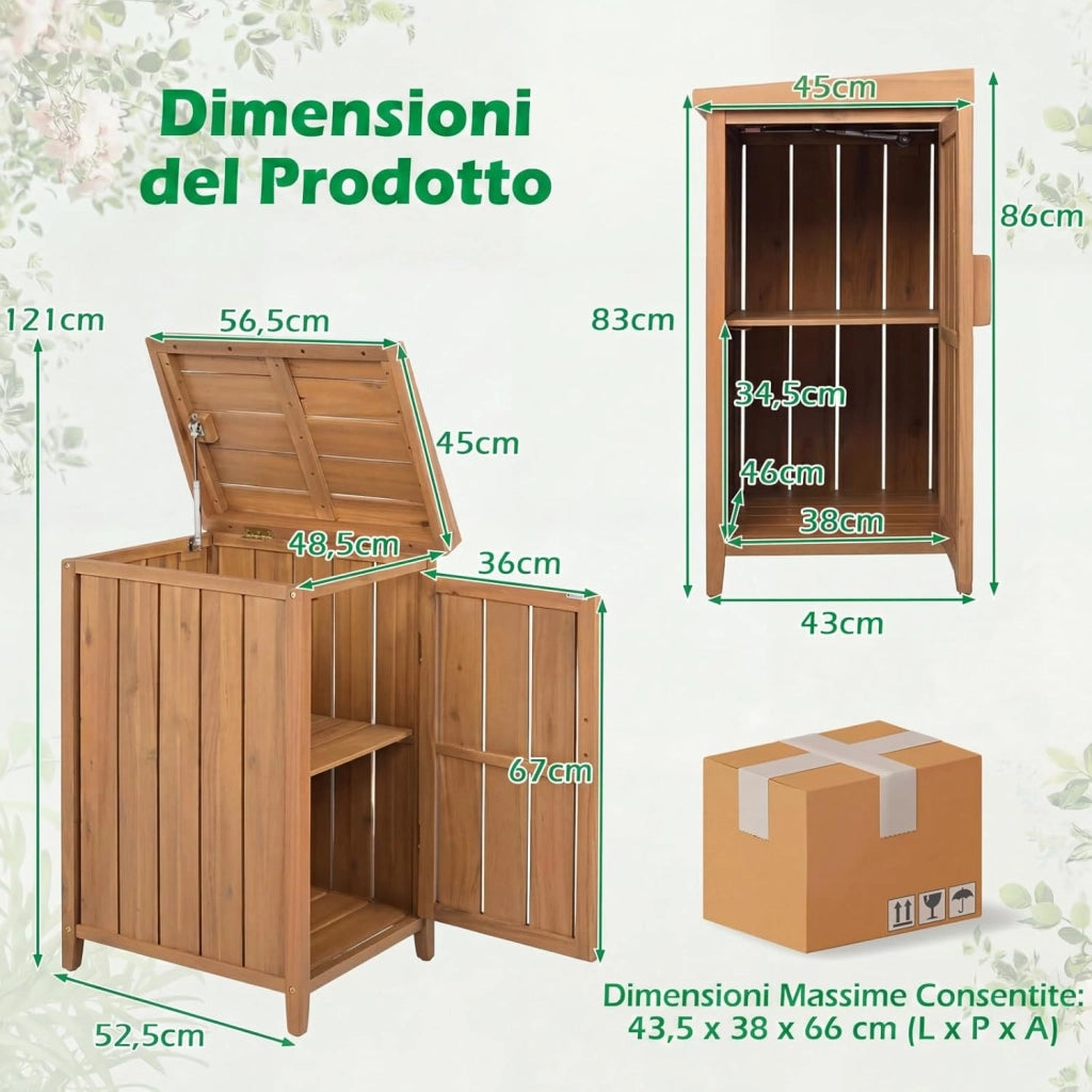 Armadio da Esterno in Legno Massello con Ripiano Rimovibile, Casetta Porta Attrezzi con Porta e Coperchio Apribile, Contenitore per Bidoni Spazzatura per Giardino, Cortile e Patio