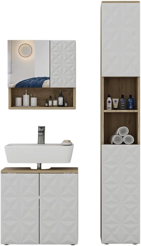 Set di mobili da bagno Edge, Nero, 60 cm, composto da mobile sottolavabo, specchiera e mobile medio
