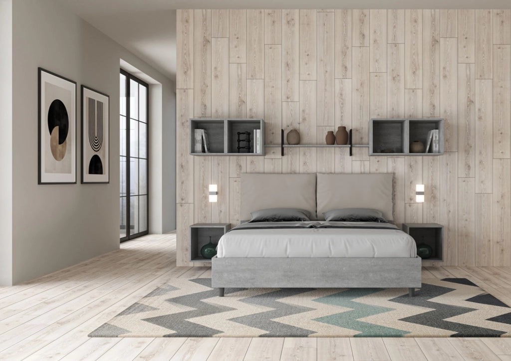 BS COM Letto matrimoniale contenitore doppia alzata 160x190 Cemento cuscini similpelle tortora