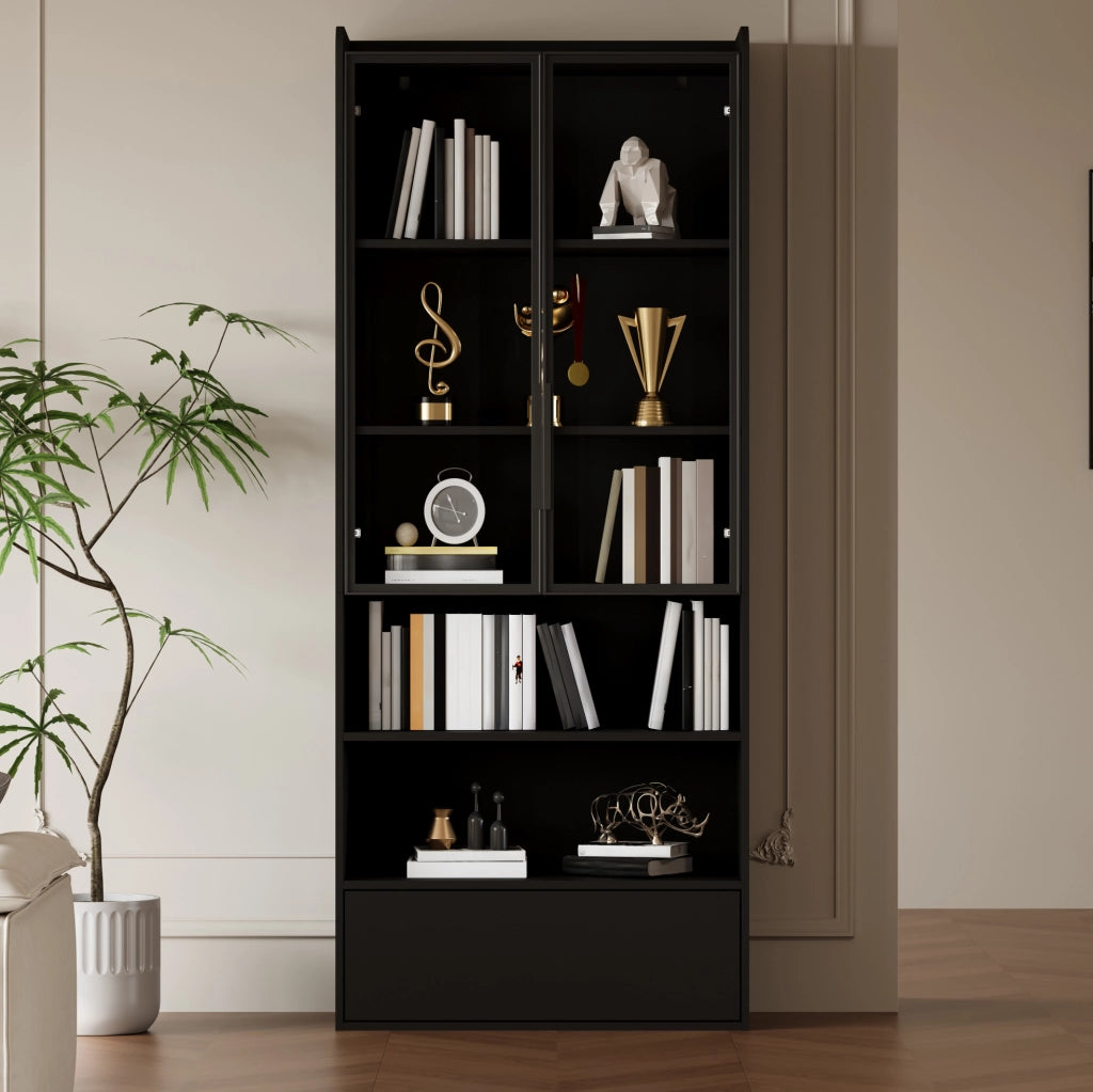 Vetrina alta nera con LED, vetro e cassetto 80x34x180 cm