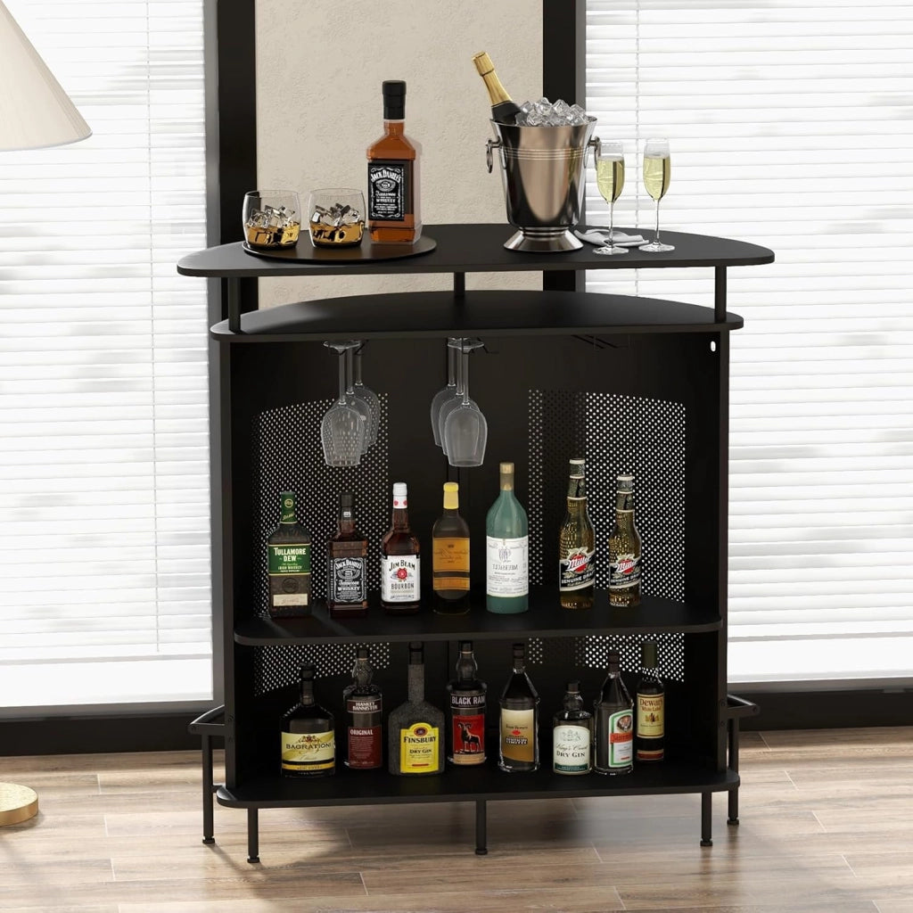 Mobile da bar con ripiani e 3 file di portabicchieri, tavolo da bar curvo con parte anteriore in rete e poggiapiedi in metallo, 6 gambe regolabili, 110,5 x 48 x 112,5 cm, credenza per cucina