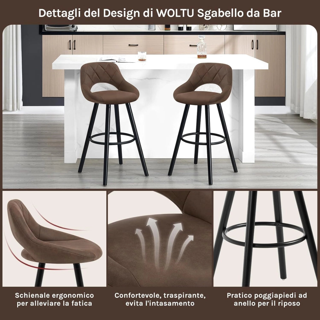 Sgabello da Cucina/Bar per Colazione, Sgabello Alto con Poggiapiedi e Schienale, Sedile in Tessuto Tecnico+Gambe in Legno, Marrone Scuro, BH291dbr-1
